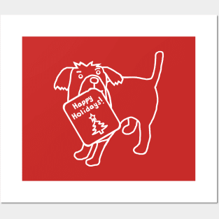 White Line Cute Christmas Dog says Happy Holidays Posters and Art